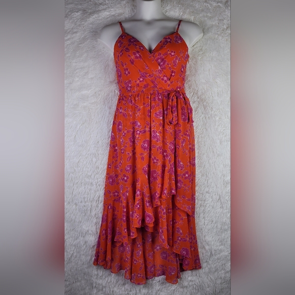 Eliza J Dresses & Skirts - Eliza J Med Orange Floral Asymmetrical Midi Strappy Dress Smocked Tie Flowy
